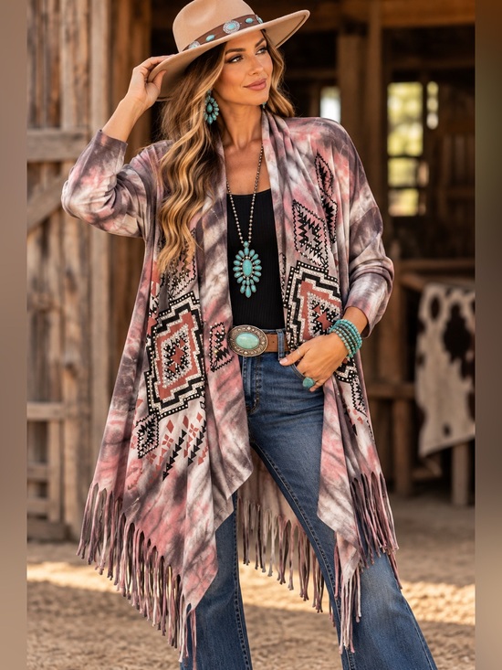 Vocal Sweaters - VOCAL Tie Dye Southwestern Rhinestone Fringe Open Cardigan Western Boho L